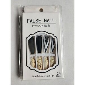 24 Pcs Black Matte Glossy V-Shape Rhinestone Marble Coffin Press On False Nails